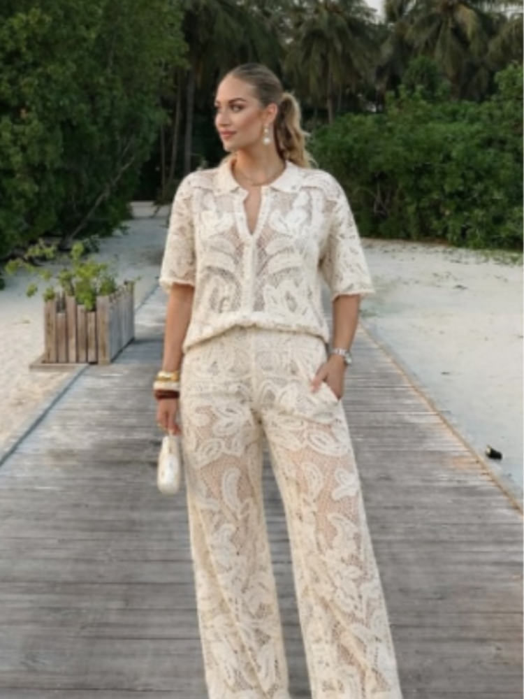 Resort Shirt Floral - Women's Stylish 2 Piece Set Crochet