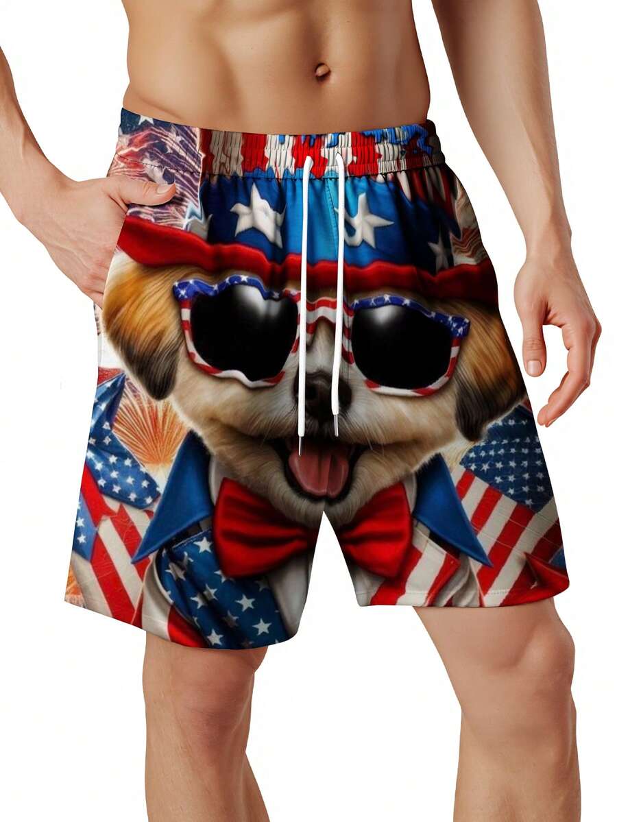 Swim Trunk Quick Dry - Patriotic Dog American Flag Print Swim