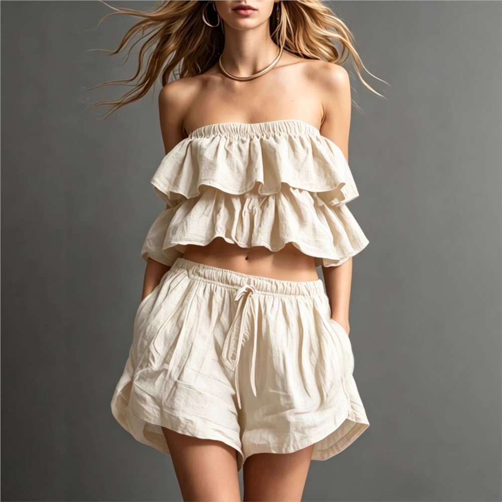 Short Linen Drawstring - Ruffled Chest-wrapped Short Tops+Shorts 2-piece Set