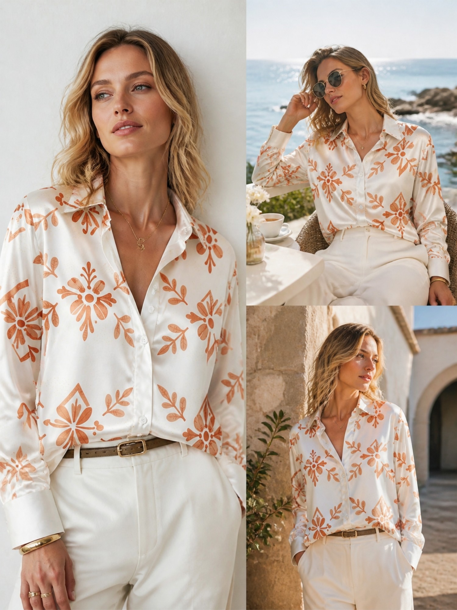 Cream Orange Floral Satin Blou - Resort Shirt Floral recensione e prezzo