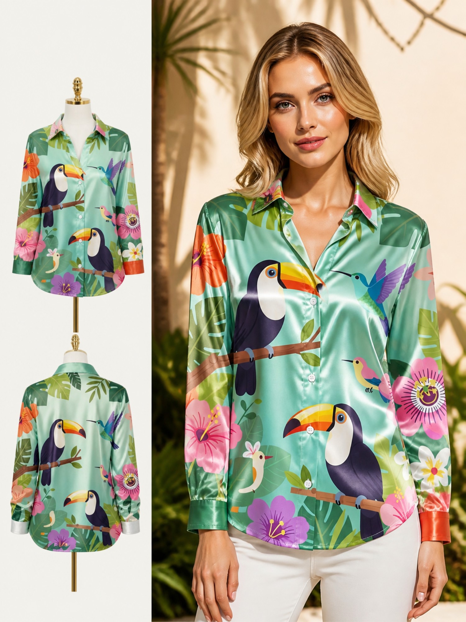 Mint Toucan Satin Button Shirt - Resort Shirt Floral recensione e prezzo