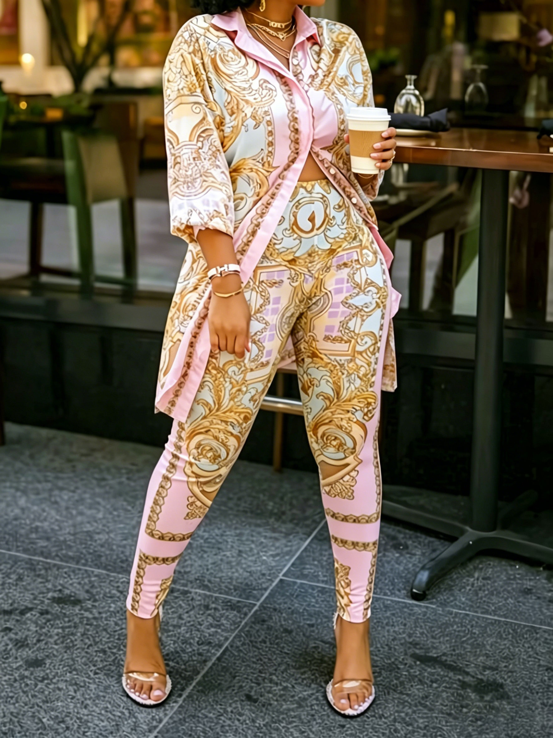 Women 2 Piece Set Ornate Print - Shirt Camp Collar recensione e prezzo