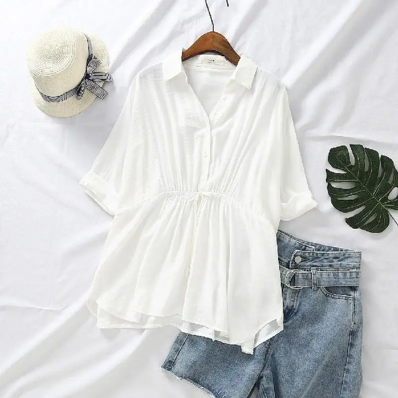 Korean Loose Blouses Women Fas - Short Linen Drawstring recensione e prezzo